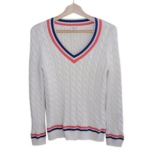 Johnnie B | Cream Cable Knit Varsity Cricket Sweater Coral Navy Stripes